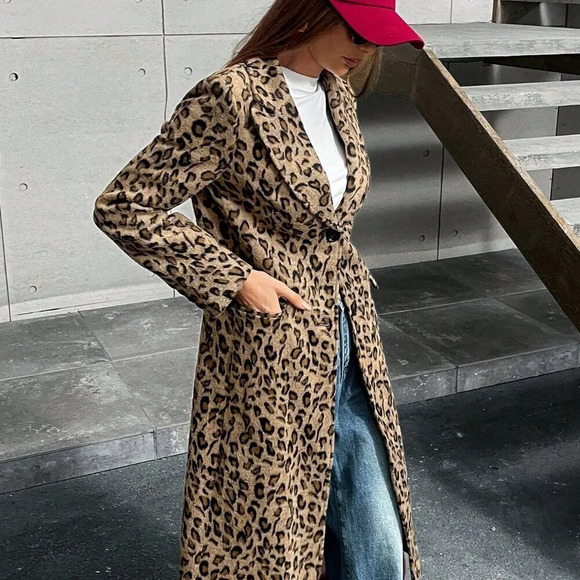 Multicolor Casual Women's Leopard Print Knitted Cinched Waist Stand Collar Coat - Picture 7 of 7